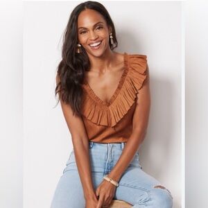 Evereve Brown Ruffle V-Neck Blouse